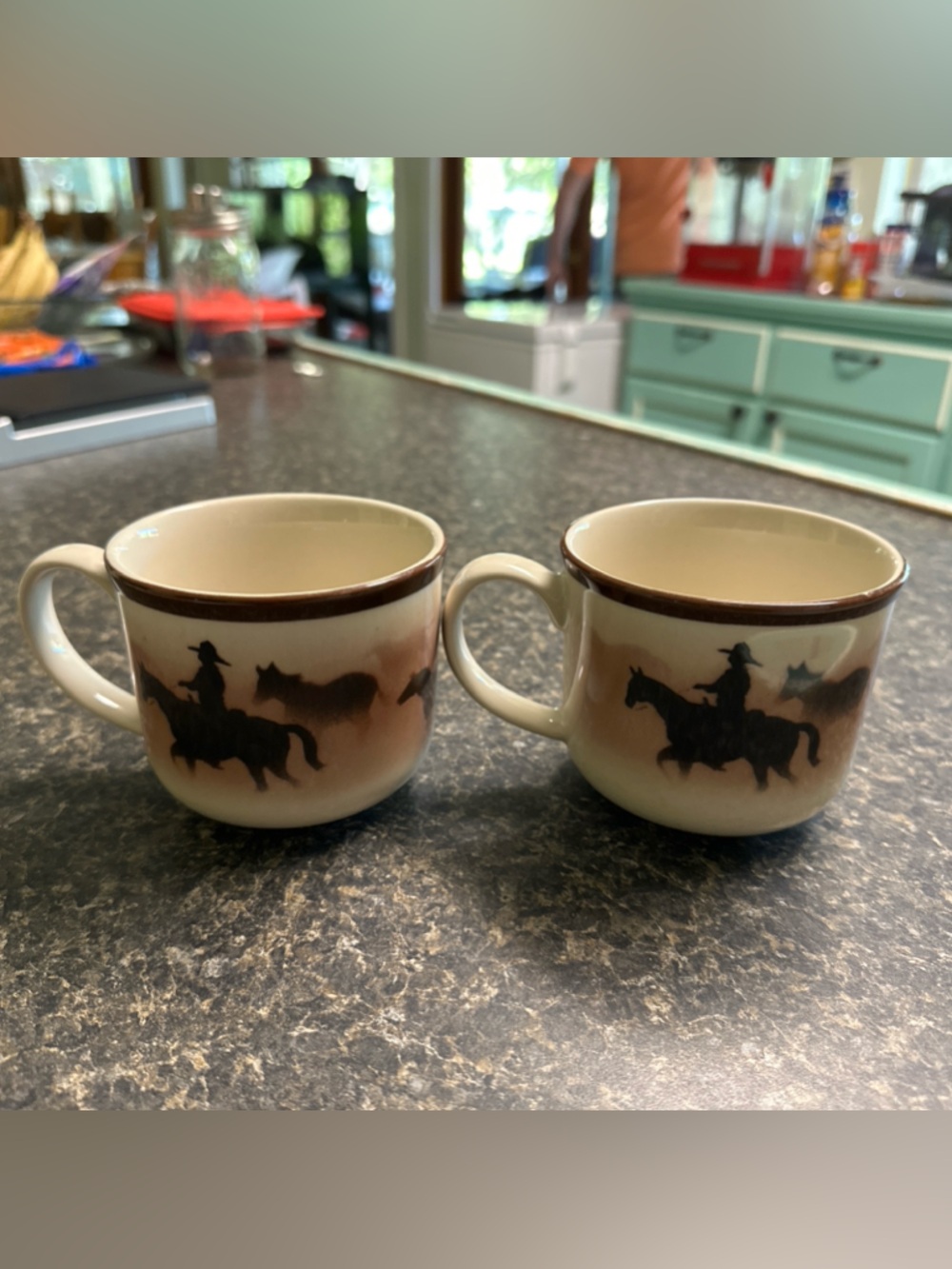 Cowboy Silhouette Stoneware Coffee Mugs - Brown tones. Set of 2, Western Home